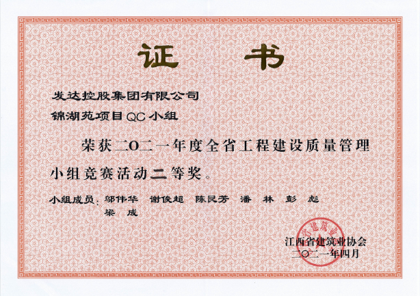 2021年度全省工程建设质量管理小组竞赛活动二等奖（锦湖苑项目QC小组）