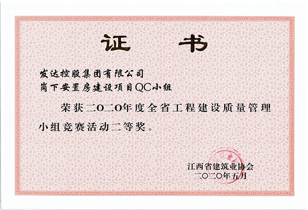 2020年度全省工程建设质量管理小组竞赛活动二等奖（岗下安置房建设项目QC小组）